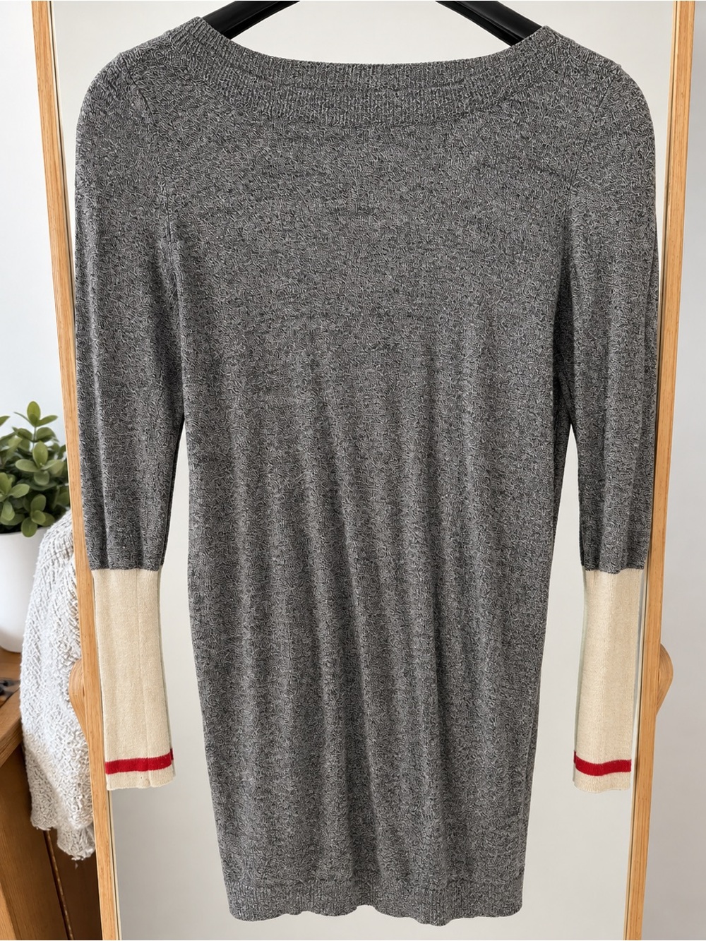 Roots salt and pepper boatneck Sweater with Cream and Red Cuff Accents